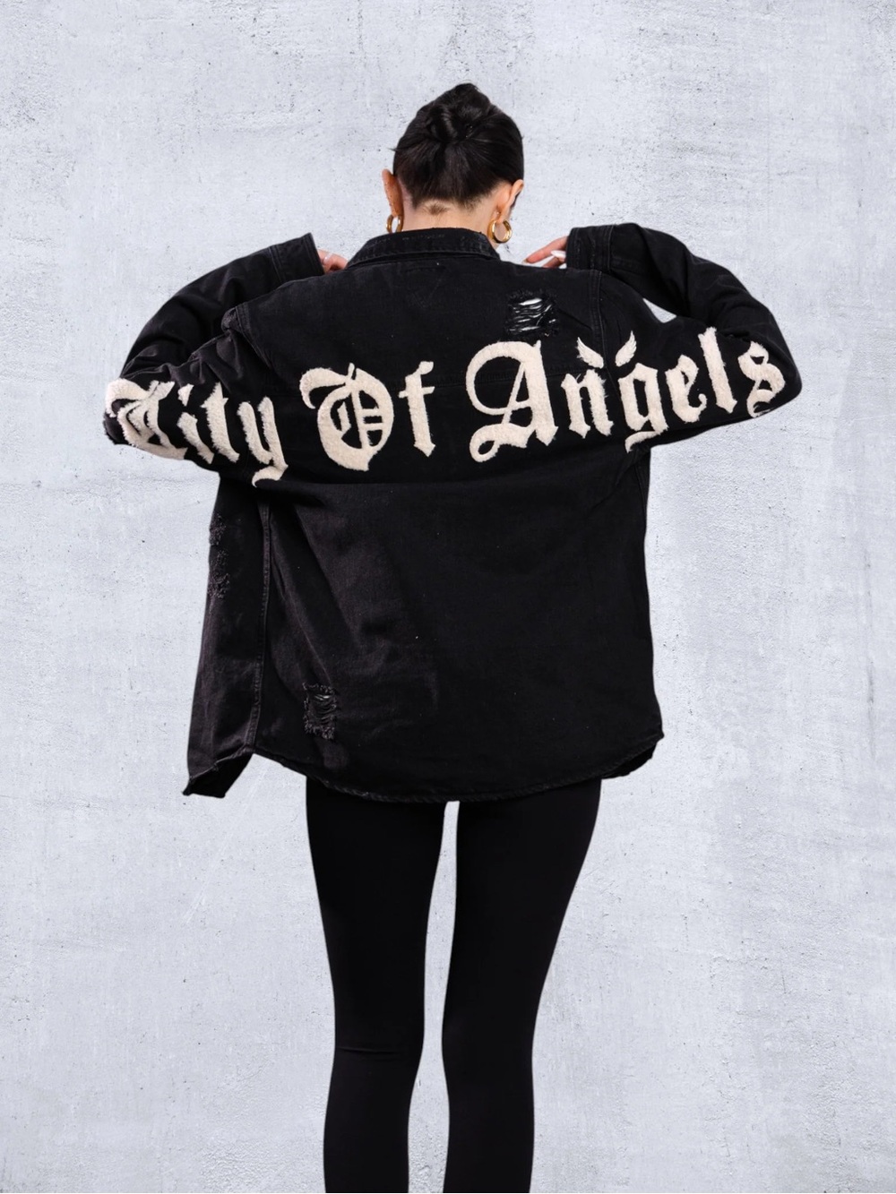 TRIO Urban Black Distressed Denim Snap City of Angels Jacket
